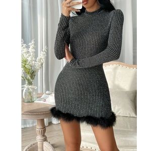 Gray High Neck Ribbed Bodycon Dress with Contrast Vegan Fur